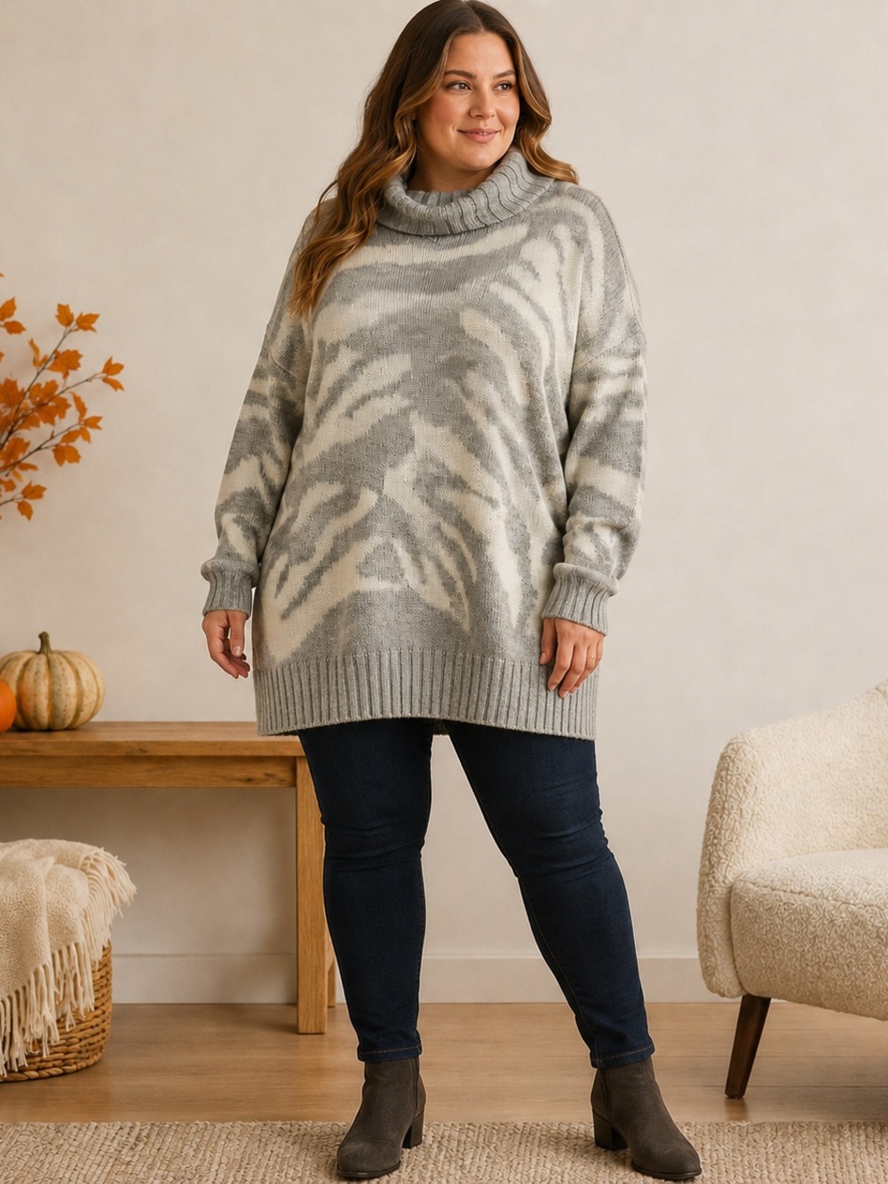 Laura Plus 1X Grey Ivory Animal Print Cowl Neck Tunic Sweater